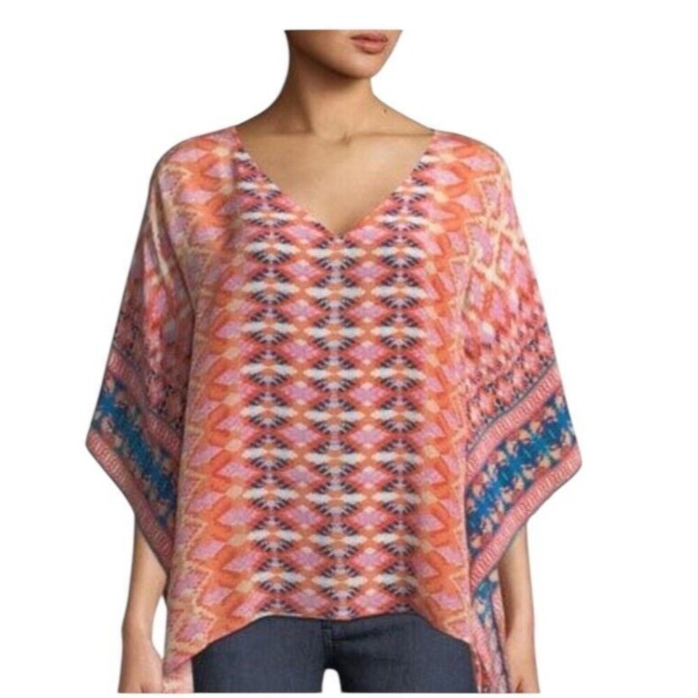 TOLANI Briyana Silk Tunic Blouse  Multi Print Flare Sleeve Boho Size M